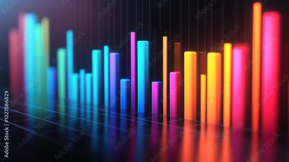 Poster colorful digital bar graph with reflections and depth