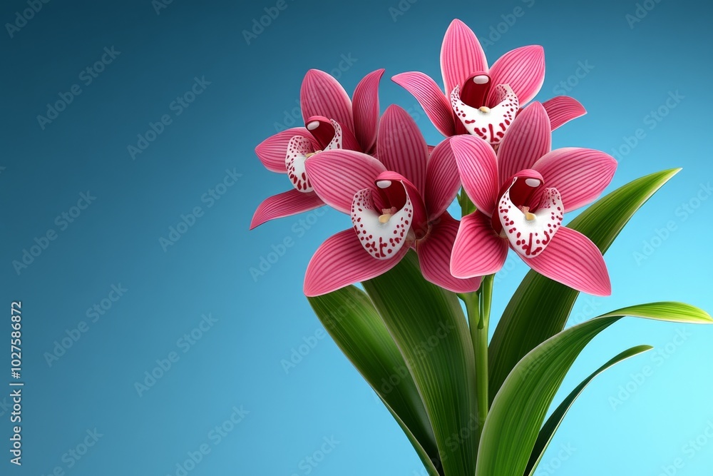 Poster digital 3d model of an orchid plant, with detailed petals and leaves, rendered in a virtual space wh