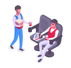 Isometric movie theatre visitors. People sitting in cinema chairs with 3d glasses, popcorn and soda pop vector illustration. Characters watching film on big screen