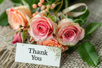 Fototapeta premium A bouquet of pink flowers with a white card that says 