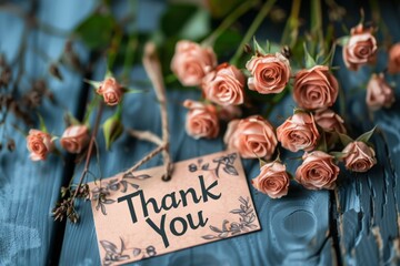 A bouquet of pink flowers with a white card that says "Thank You" written on it