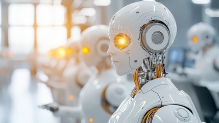 Fototapeta premium Robotics lab filled with advanced machines and scientists working on various robotic prototypes