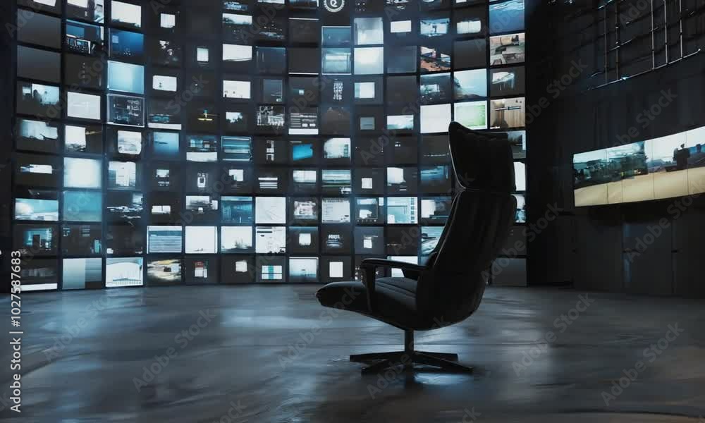 Poster empty control room with a single chair facing a vast array of video monitors. conceptual and modern.
