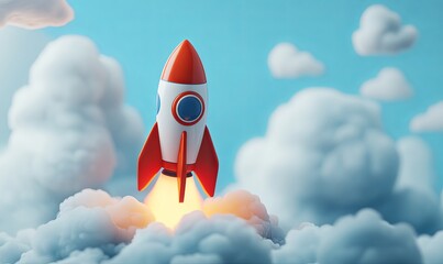 A cartoon rocket ship blasts off into the clouds, symbolizing the beginning of a new adventure.