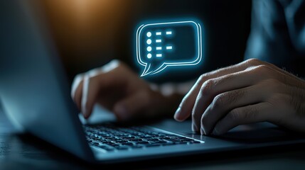 Hands typing on a laptop with a glowing chat icon, representing modern communication and digital interaction.