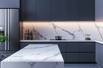 Interior of modern spacious kitchen with built in appliances and dining zone. New apartment remodel renovation indoors, home architecture, window sunlight. Natural materials. Wood, stone, marble.