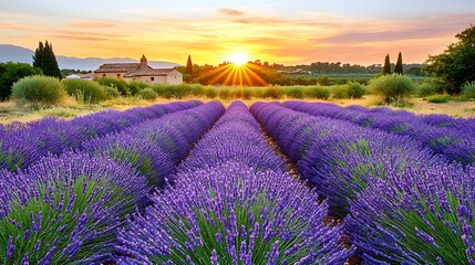 Obraz premium Lavender field at sunset with a small chapel in the distance.