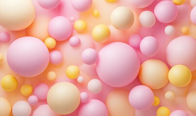 A close-up shot of a pastel pink and yellow background with many colorful round spheres.