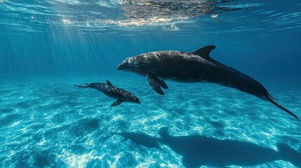 Obraz premium Two dolphins swimming in the blue ocean, one larger and one smaller, with sun rays shining through the water above.