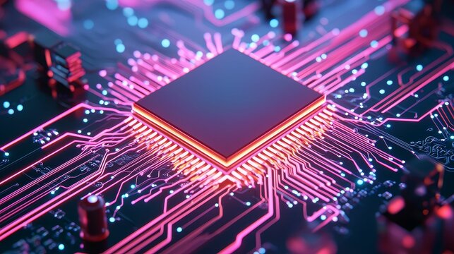 Quantum computing chip close-up, with neon lights representing the flow of quantum information