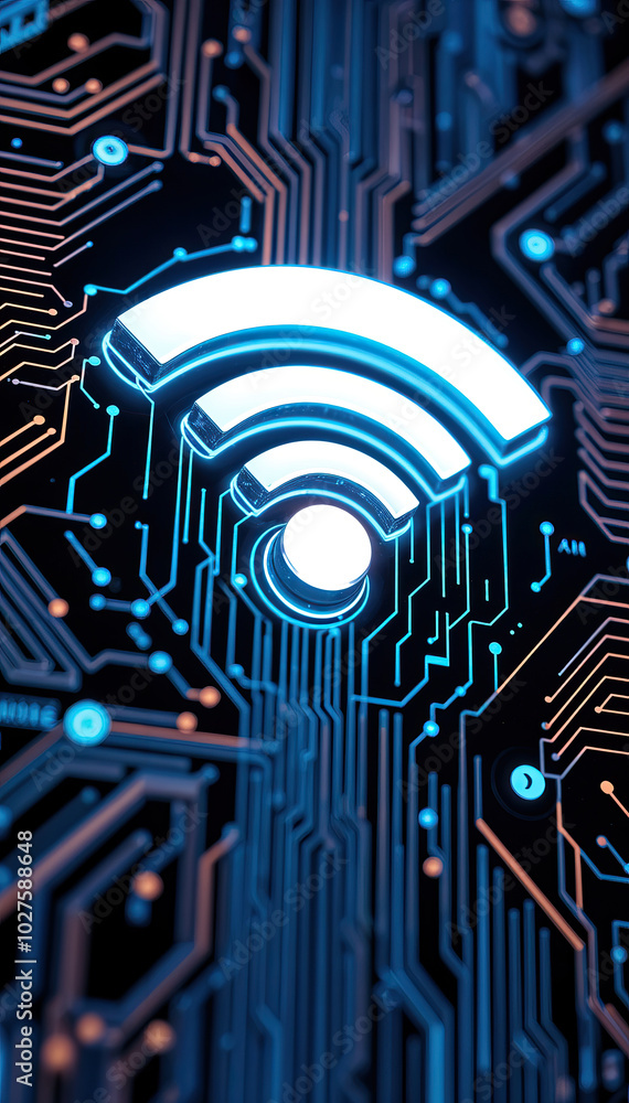 Aufkleber glowing wifi symbol on blue circuit board tech background with futuristic technology design element connection data network vertical format