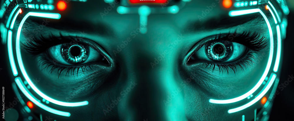 Poster futuristic closeup of artificial intelligence ai being human female eye with digital interface with 