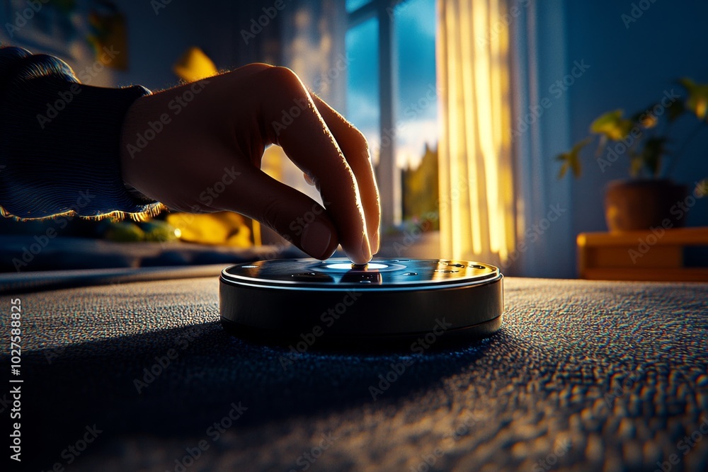 Aufkleber hyper-realistic close-up of a personâ€™s hand turning off an alarm, with the soft morning light filt