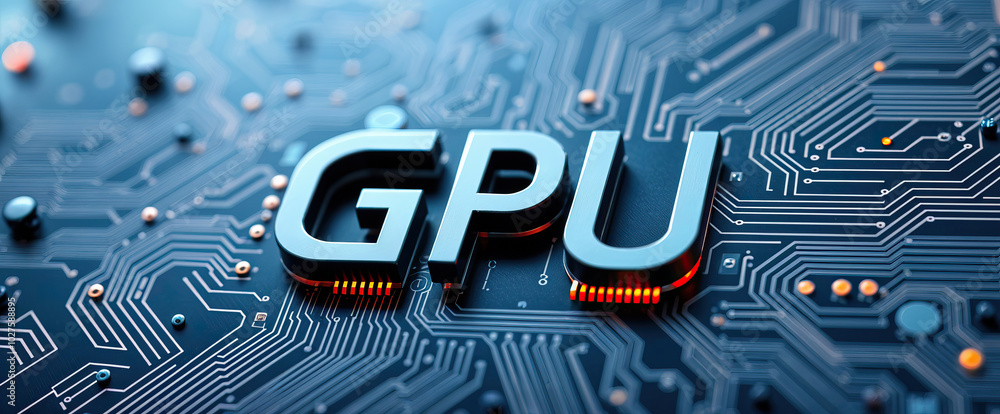 Poster silver embedded gpu letters on blue technology circuit board with glowing orange lights tech hardwar