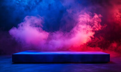 A dark, smoky backdrop with a blue platform illuminated by pink and blue lighting. The background is filled with smoke and vapor, creating a mysterious and ethereal atmosphere.
