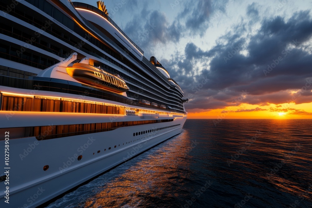 Poster hyper-realistic image of a cruise ship at sunset, with the golden light reflecting off the windows a
