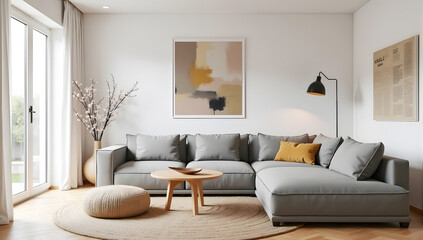 Fototapeta premium modern living room. Boucle sofa and scandinavian style armchair near wall with big wall art frame.