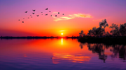 Peaceful Sunset Over Serene Lake with Reflective Water and Silhouetted Trees: Birds Fly Across a Colorful Sky