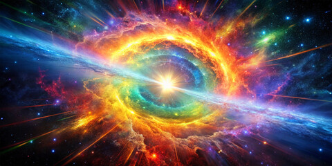 Rainbow explosion in space, A cosmic explosion with rainbow-colored shockwaves expanding through the galaxy