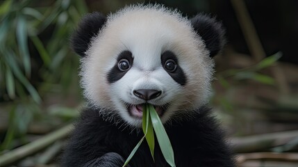A close-up of a cute panda cub with a big smile eating bamboo leaves.