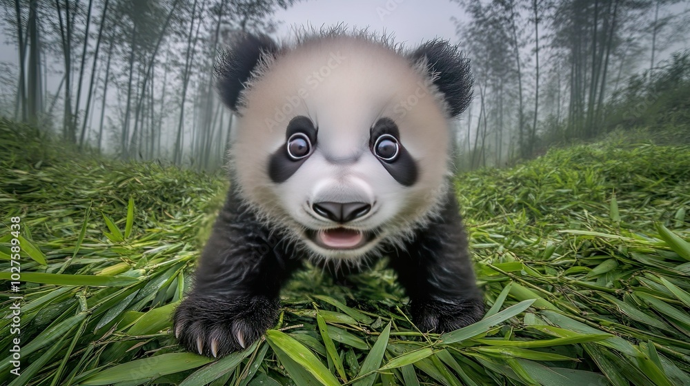 Poster a playful panda cub with big eyes and a happy expression looks directly at the camera while surround