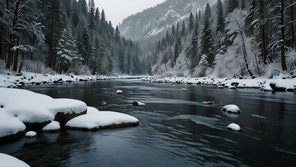 A river with snow on the rocks and trees
