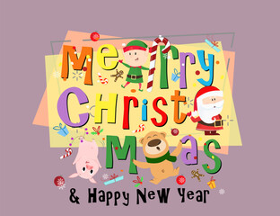 Merry Christmas and Happy New Year multicolored poster design. Multicolored inscription with cartoon characters on white background. Can be used for postcards, greeting cards, leaflets