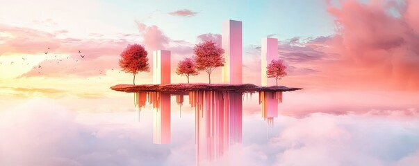 Fototapeta premium Surreal metaverse landscape with floating islands, digital structures, and colorful skies