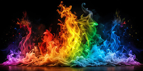 Rainbow fire splash, Flames of different rainbow hues leaping into the air in a fire-like splash