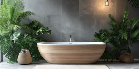 A luxurious wood-finished bathtub is encircled by lush greenery and natural light, evoking a spa-like tranquility in a calming bathroom setting.