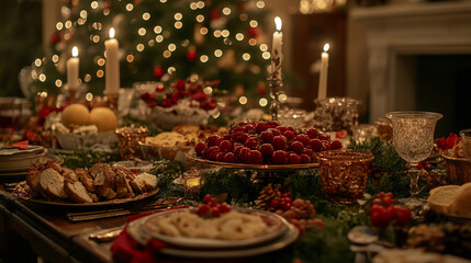 Naklejka premium A beautifully set Christmas dinner table adorned with delicious dishes and candles