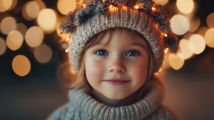 Cozy Winter Charm: A Child in a Knitted Hat with Holiday Lights, Glistening Eyes, and a Warm Smile