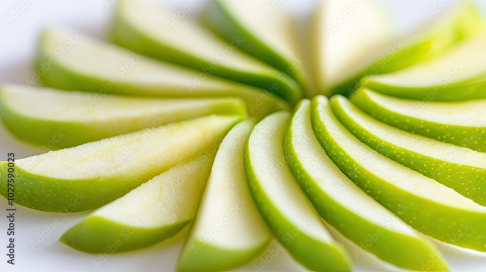 Poster closeup of thinly sliced green apple arranged in a spiral pattern on white background.