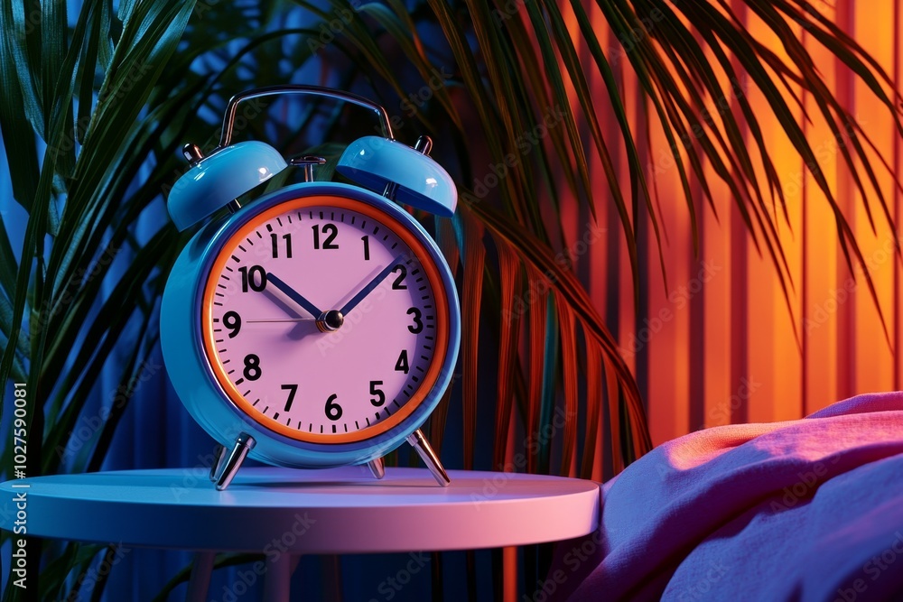 Aufkleber Minimalist alarm clock displaying an early morning time, with the soft glow of sunlight on the clock and a clean, clutter-free bedside table symbolizing a refreshing start to the day