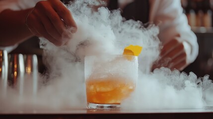 A cocktail being crafted with smoke or dry ice, creating a dramatic and visually stunning presentation