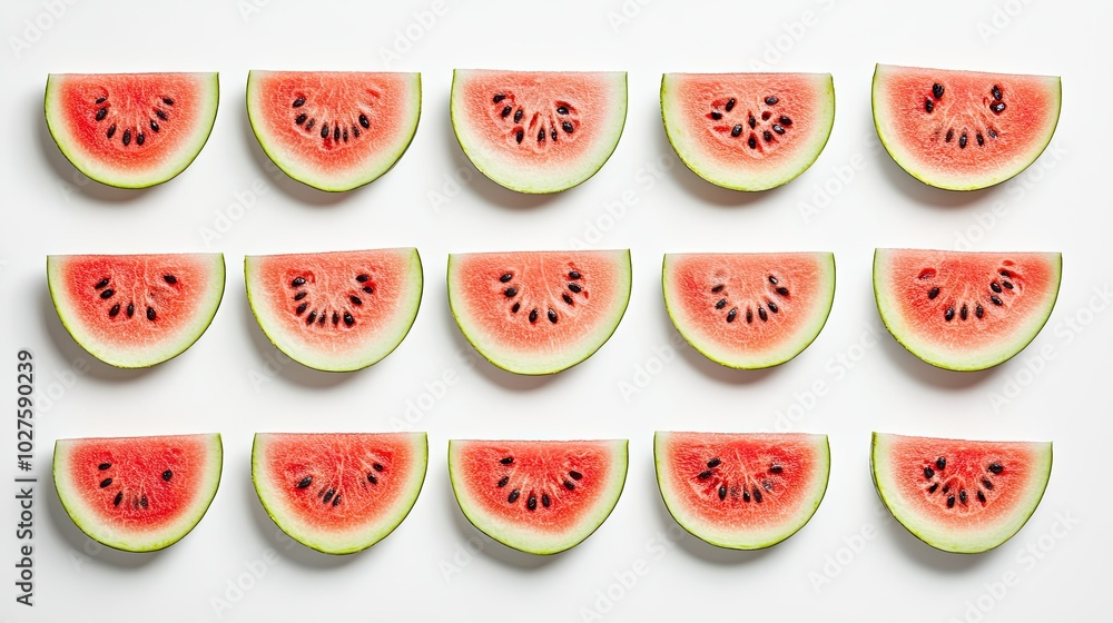 Poster watermelon slices arranged in a grid pattern on a white background.