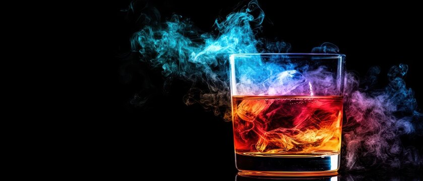 Vibrant cocktail in glass with colorful smoke, dark background. Captivating visual for drink enthusiasts and bar lovers.