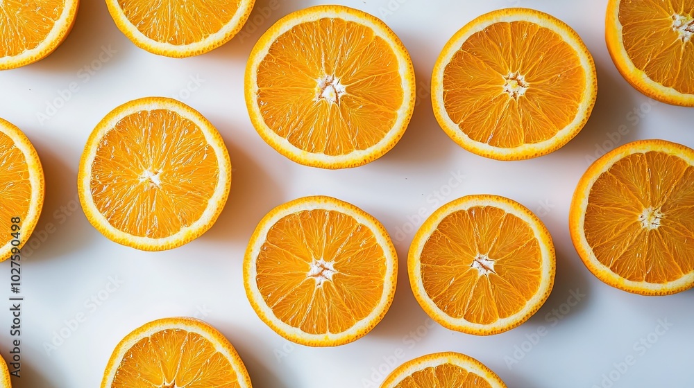 Aufkleber a flat lay of halved oranges arranged in a pattern on a white background.