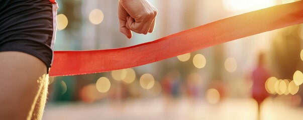 Runner crossing the finish line in a race, muscles flexed with effort and energy, focus on athletic achievement and fitness