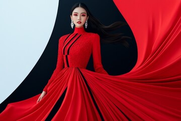 Naklejka premium Minimalist poster of a lady in a red gown, with only the essential lines and the bold red color standing out against a black or white backdrop