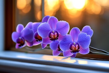 Moth orchids blooming on a windowsill, their soft purple hues glowing in the golden light of the...