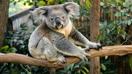 Obraz premium A koala bear sitting on a tree branch, looking at the camera.