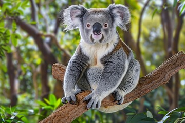 Naklejka premium A koala bear sits on a branch of a tree, looking directly at the camera.