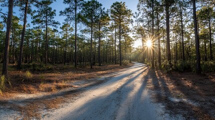 A dirt road winds through a pine forest at sunset, with the sun shining through the trees.