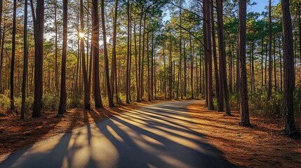 Obraz premium A winding paved road leads through a forest with tall trees and the setting sun shining through the branches casting long shadows on the ground.