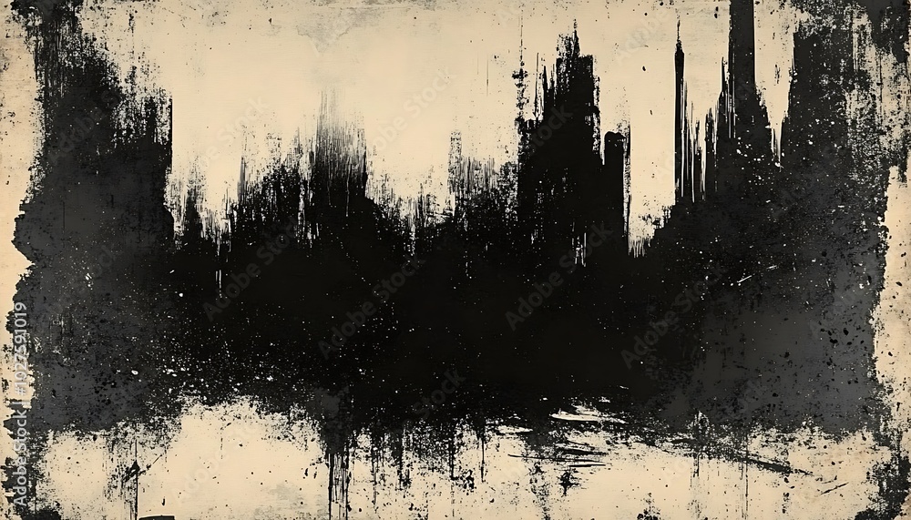 Poster an abstract art piece featuring a chaotic arrangement of black splashes against a cream background, 