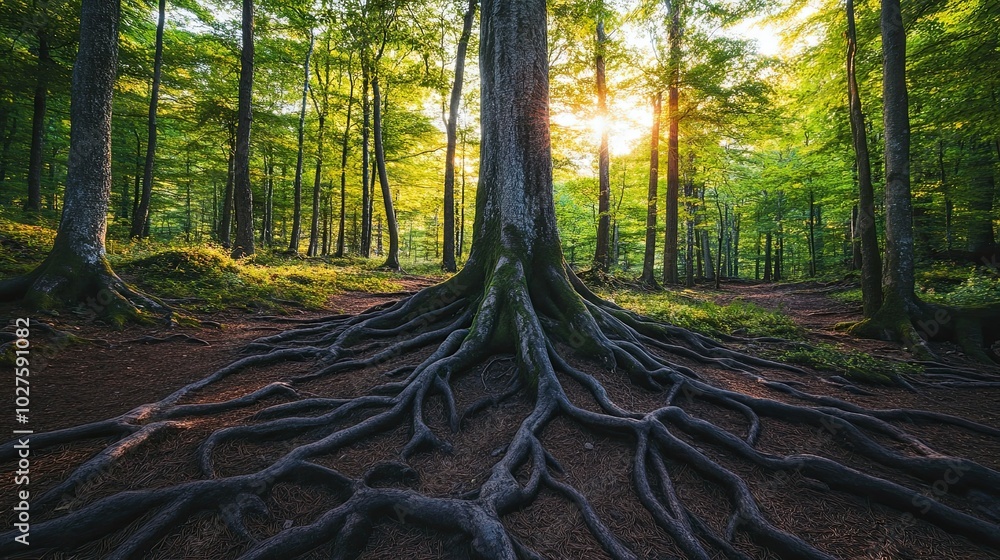 Poster sunlight filters through the canopy of a forest, illuminating the exposed roots of a large tree in t