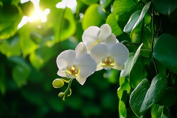 Orchid flowers blooming under a canopy of green vines, their soft petals catching the dappled sunlight as they grow in harmony with the surrounding plants