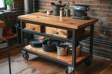 Industrial-style kitchen island with wheels, black frame, wooden top, and shelves, featuring a drawer and accessorized countertop for home decor.