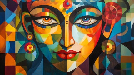 A contemporary painting of Krishna in an abstract style, using bold colors and geometric patterns